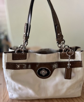 Coach Penelope Carryall Turn-lock Purse Handbag SNAKE TRIM White & Brown