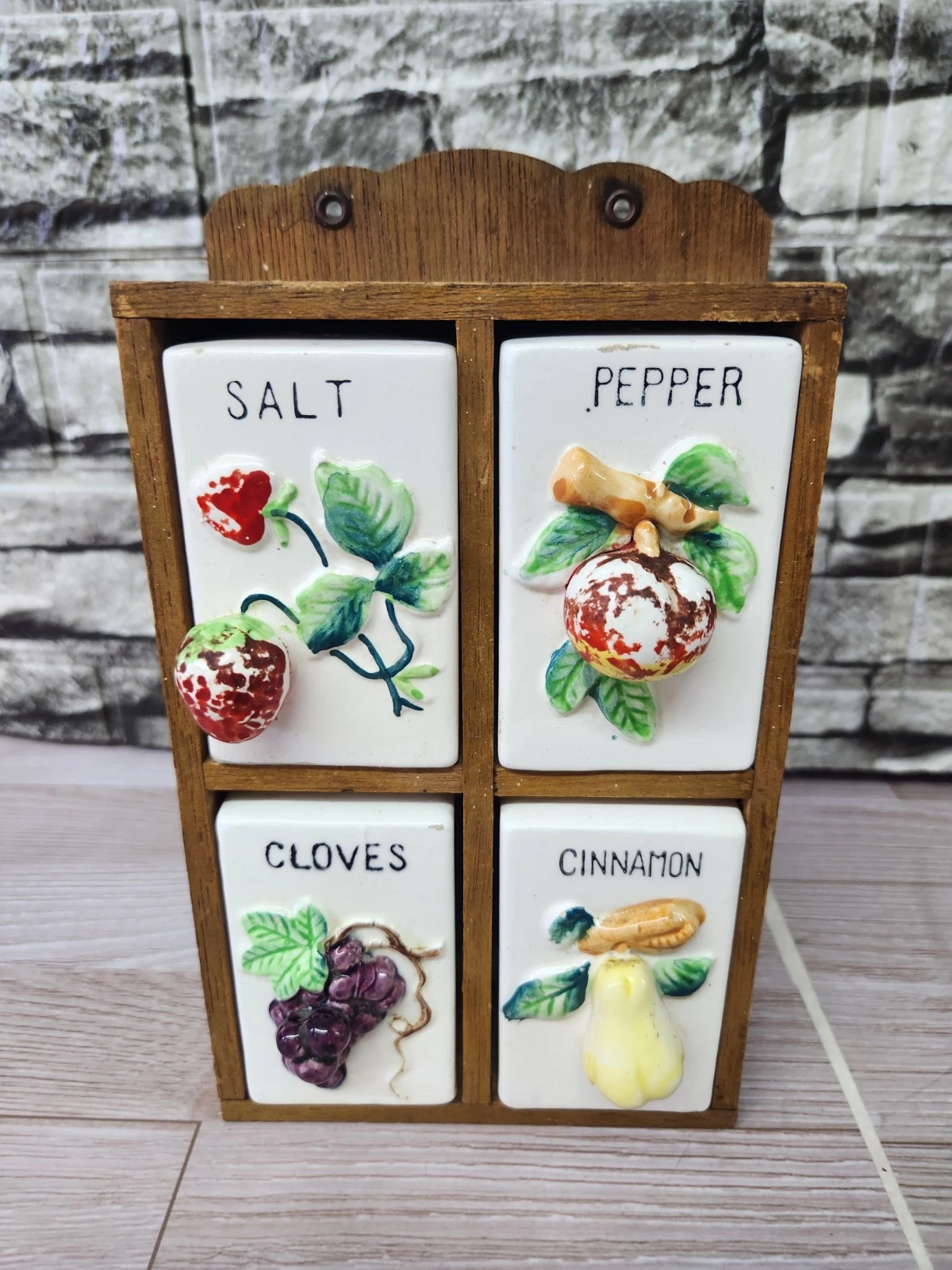Antique Wood & Ceramic Spice Rack, Farmhouse, Cottage Decor