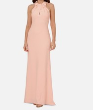 Adrianna Papell Women's Pink Embellished Rosette Halter Gown Dress Petite 14P