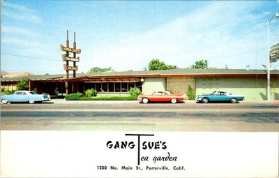 Gang Sue's Tea Garden Porterville CA Mid-Century Postcard Googie Sign c1960
