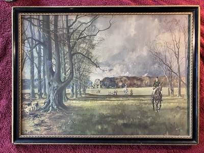 Vintage englische Fuchsjagdszene von Michael Lynne gerahmt. Farbdruck.