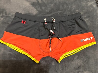 Mens BWET swimsuit, boxcut, Black and Orange, yellow trim, drawstring, M