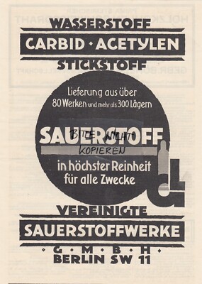 Berlin, Advertising 1928, United Oxygenwerke GmbH Hydrogen Carbide Acetyle