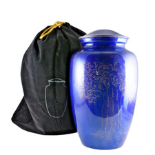 Blue Cremation Urn With Hand Embossed Tree of Life for Adult Ashes