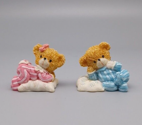 Resin Teddy Bear Figurines Wearing Pajamas on their Pillows - Picture 1 of 11