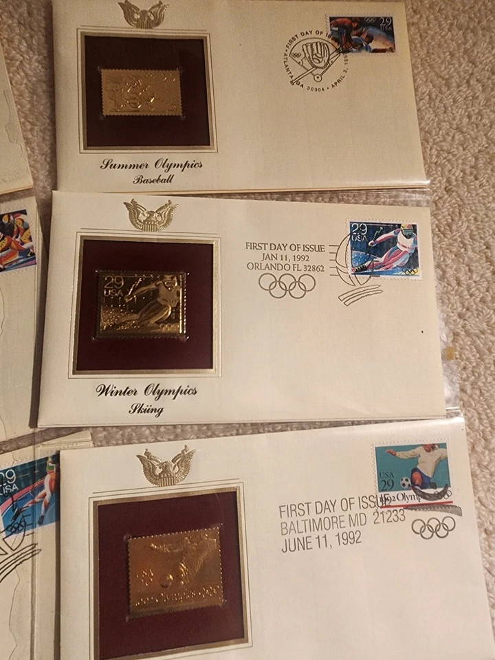 13 TOTAL 1992 22kt Gold Stamps. Winter Olympics:  FIRST DAY OF ISSUE.  - Image 2 of 4