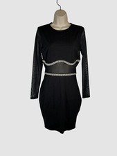 Bebe Women's Black Mesh Lined Rhinestone Embellished-Trim Bodycon Dress Size M
