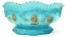 Chrysanthemum Sprig Northwood Master Footed Berry Bowl Blue Custard W/Gold EAPG