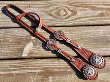 STERLING Silver Overlay Brown Iron Tooled One Ear Western Show Headstall Bridle