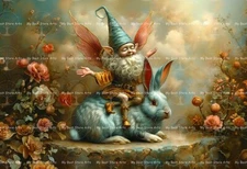 FAIRY GNOME AND RABBIT ART PRINT, Cottagecore Decor, Poster,  Pond Fae D652