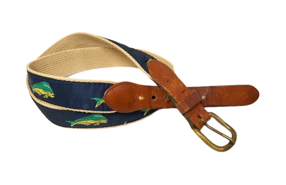 Cinto de couro vintage feito à mão Essex CT Mahi Mahi fivela de bronze tamanho 36 - Imagem 2 de 4