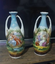 Para dużych antycznych austriackich ręcznie malowanych wazonów / urn Victoria 1890s