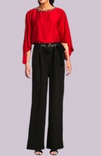 $169 Jessica Howard Women's Satin Cape-Sleeve Jumpsuit Sz: 12 Black/Red (noBelt)