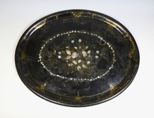 Huge Antique Victorian Papier Mache Ebonised Tray with Mother of Pearl Inlay