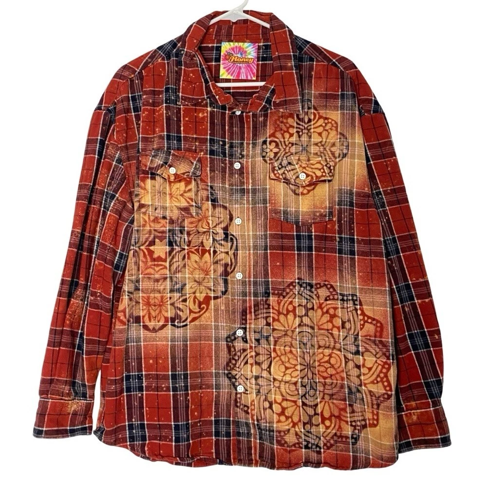 Handmade Floral Flannel Shirt Mens Size Large Unisex Bleached Plaid Button Down