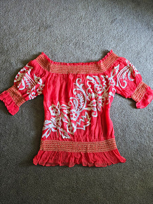 Cache Pink Silk Off-Shoulder Floral Embroidered Blouse XS