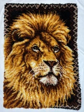 Vintage Style Finished Lion Latch Hook Rug or Wall Hanging Tapestry 37.5"x27"