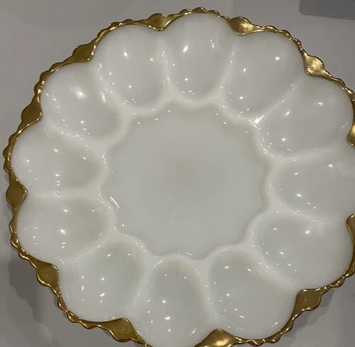 Vintage retro egg platter milk glass gold gilt  12 devilled curried eggs plate