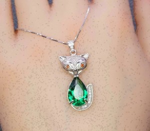 Authentic 2.50Ct Pear Cut Green Emerald & Diamond Cat Shape Pendant 14k White Gold Plated