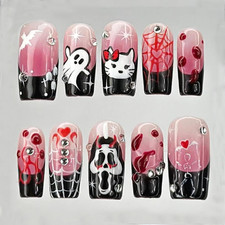 Halloween French Tip Press on Nails Medium Square Fake Nails with 3D Rhinestones
