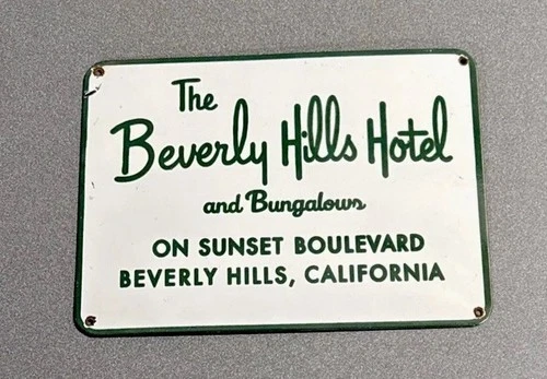 VINTAGE 12” BEVERLY HILLS HOTEL PORCELAIN SIGN CAR GAS TRUCK MOTORCYCLE