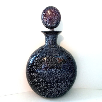Signed ARCHIMEDE SEGUSO Murano Glass Large Decanter Vase Black Silver Flecks 12''