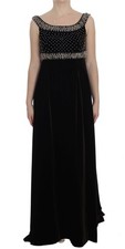 Dolce&Gabbana Women Dark Brown Dress Velvet Crystal A-Line Sheath Gown Sz IT 40