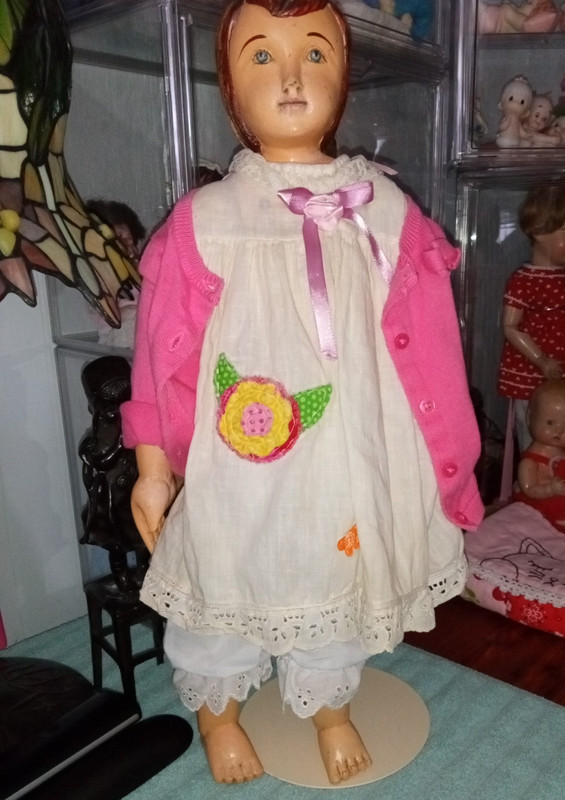 vintage /antique doll : wood, composition and straw stuff body 20 in