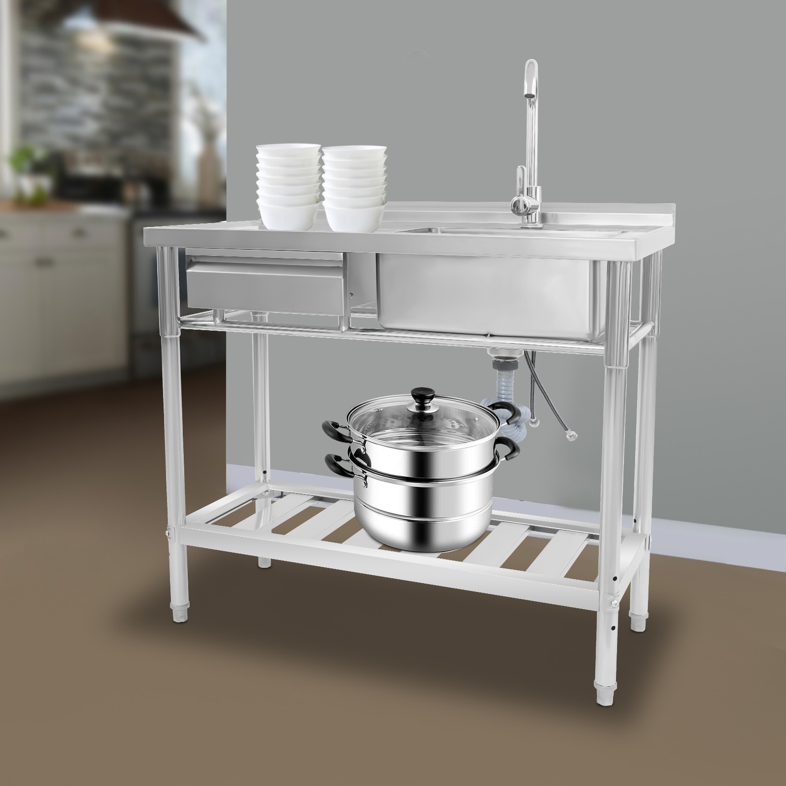 Kitchen Freestanding Stainless Steel Utility Sink w/ Cabinet Pull-Out Faucet