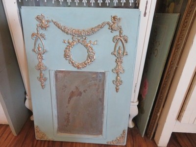 Antique Vintage Blue-Green CHERUBS Mirror Roses Swags Wood Mirror FRANCE #2