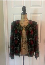 Vintage Laurence Kazar Black Red Green Gold Floral Beaded Holiday Jacket L