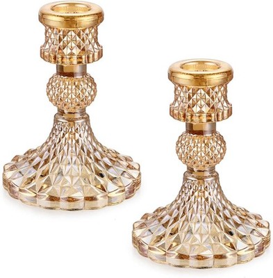 Set of 2 Gold Glass Taper Candle Holders Decorative Glass Candlestick Holders M