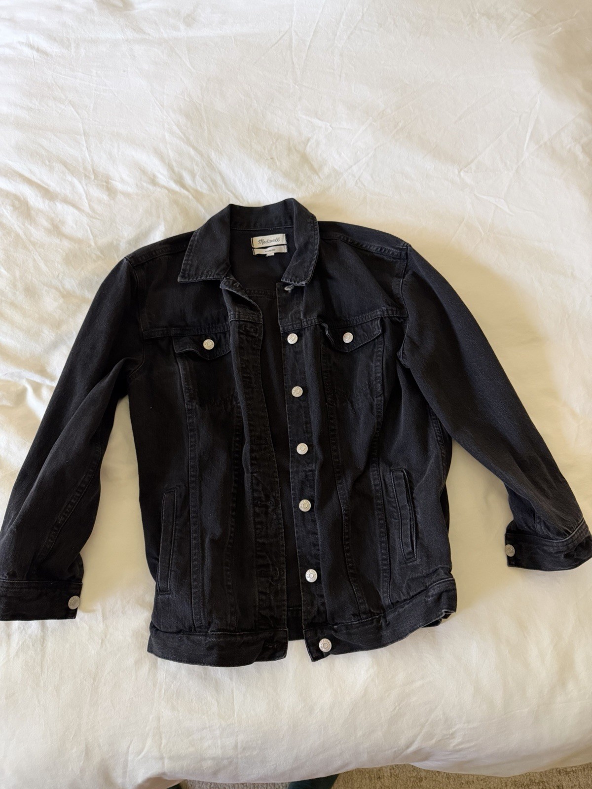 Madewell Oversized Black Denim Jacket Button Pockets Collared Mid-Length M