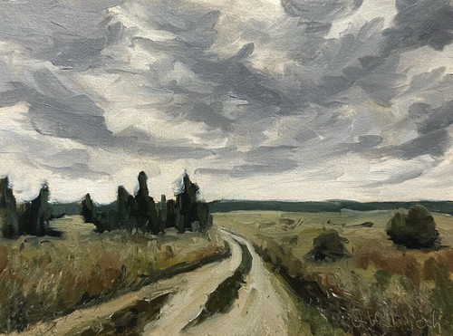 Original Ölgemälde gedämpfte Landschaft kleines Kunstwerk Landhaus Deko 6x8 - Bild 1 von 7