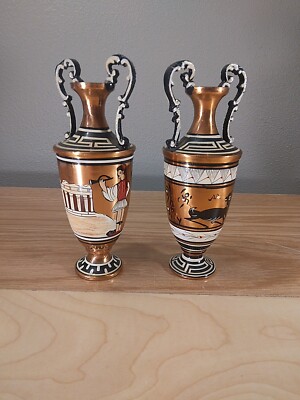 Rare Vintage Greek Copper Vase Hand Made + Painted in Greece 7'' Tall Set Of 2