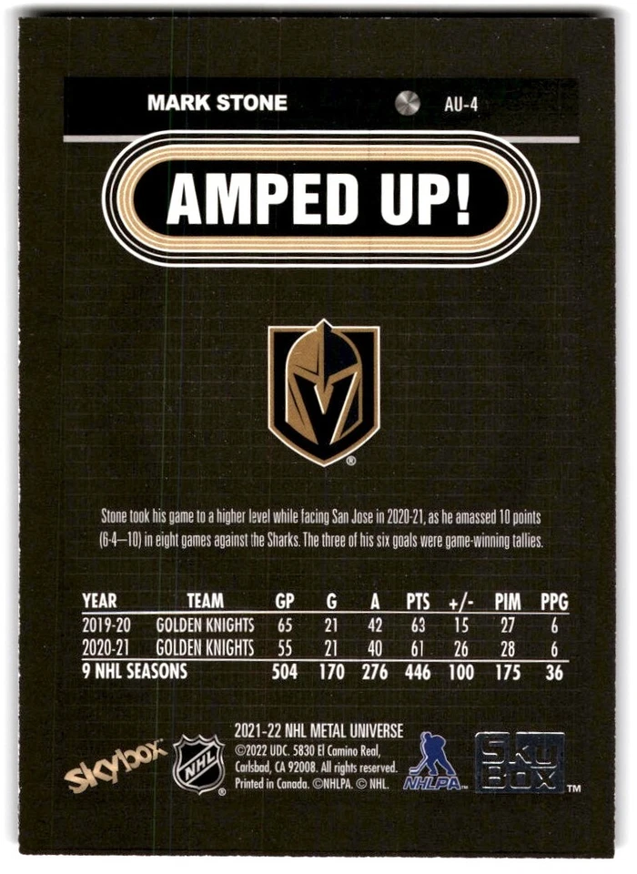 2021-22 Skybox Metal Universe Amped Up Mark Stone #AU-4 Vegas Golden Knights - Image 2 of 2