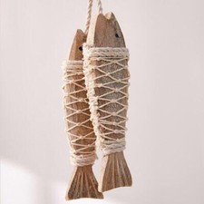 2pcs Wooden Fish Decor Wall Hanging Wood Fish Sculpture Beach Theme Decoration