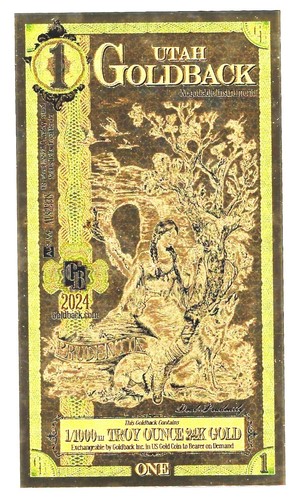 1-2024 Utah 1 Goldbacks Aurum Gold Foil Note 1/1000 oz 24KT Seriennummeriert.