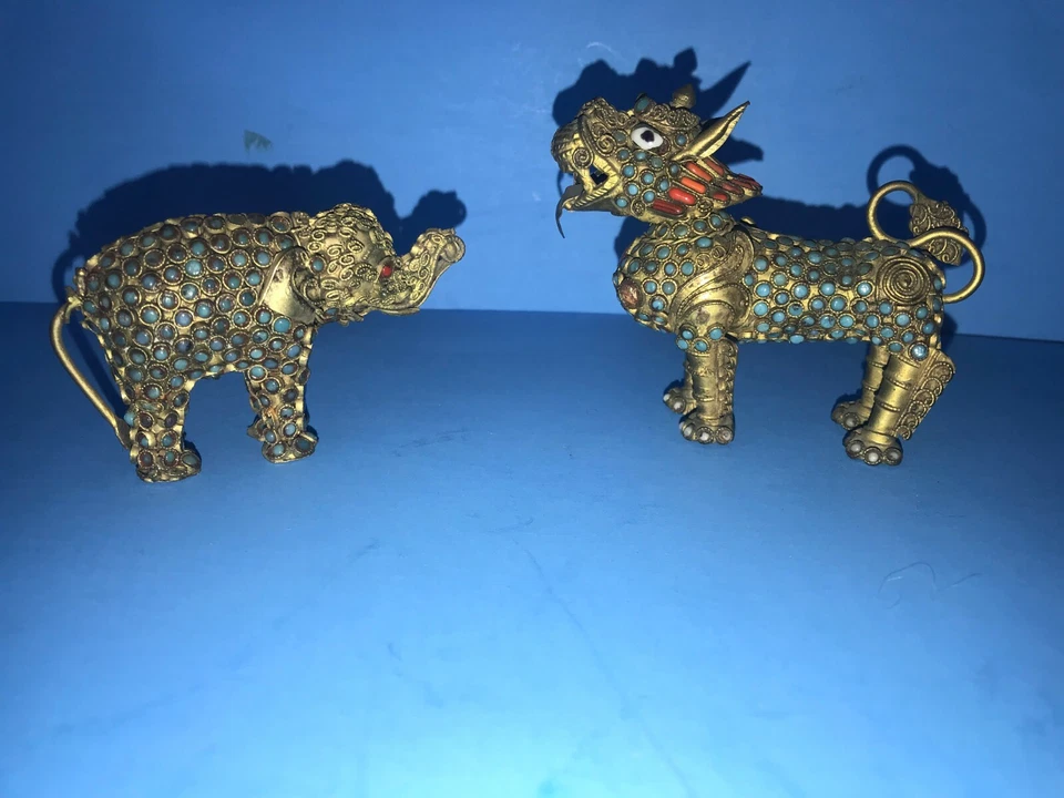 ANTIQUE CHINESE STONE coral ENCRUSTED BRASS FU FOO DOG LION & ELEPHANT - Image 2 of 4