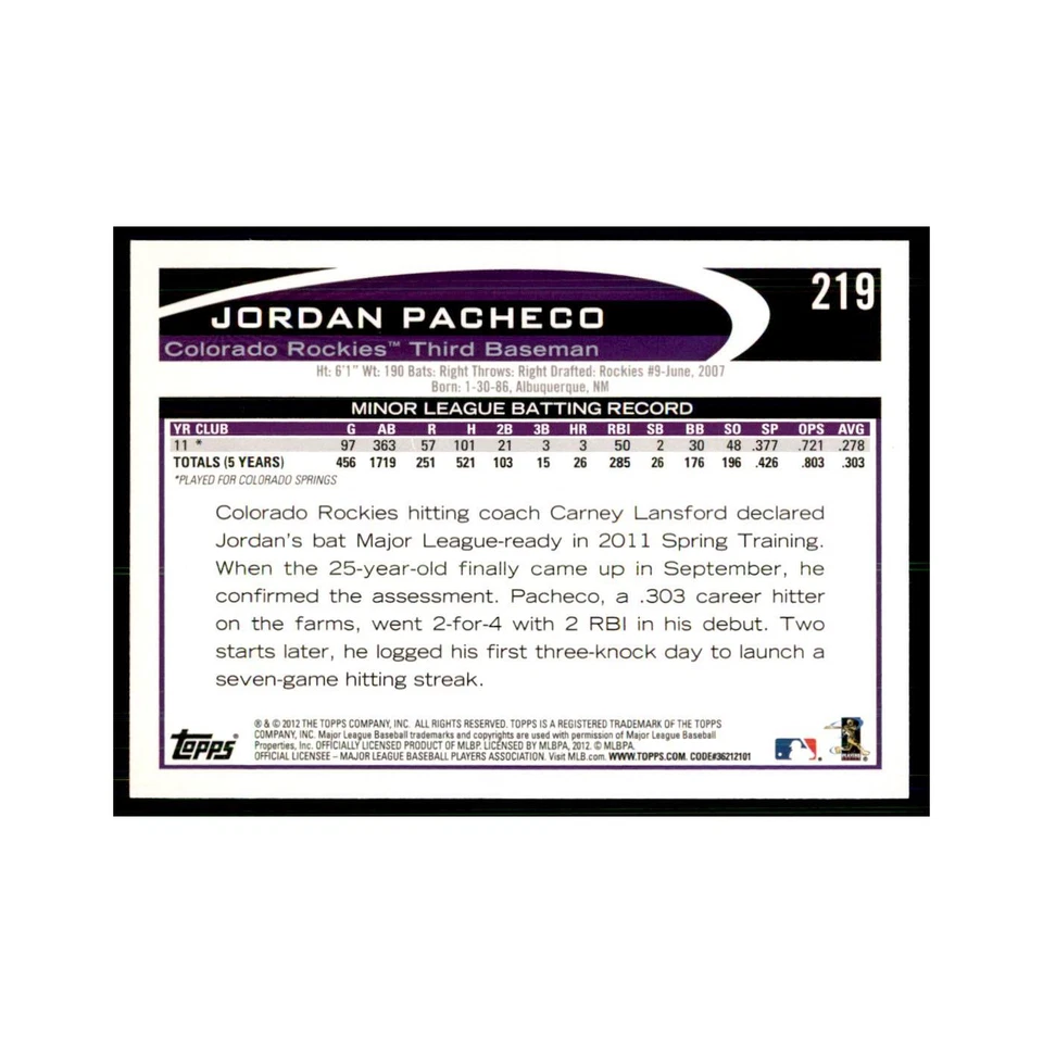 Tarjetas de béisbol 2012 Topps Jordan Pacheco #219 Foto 2 de 3