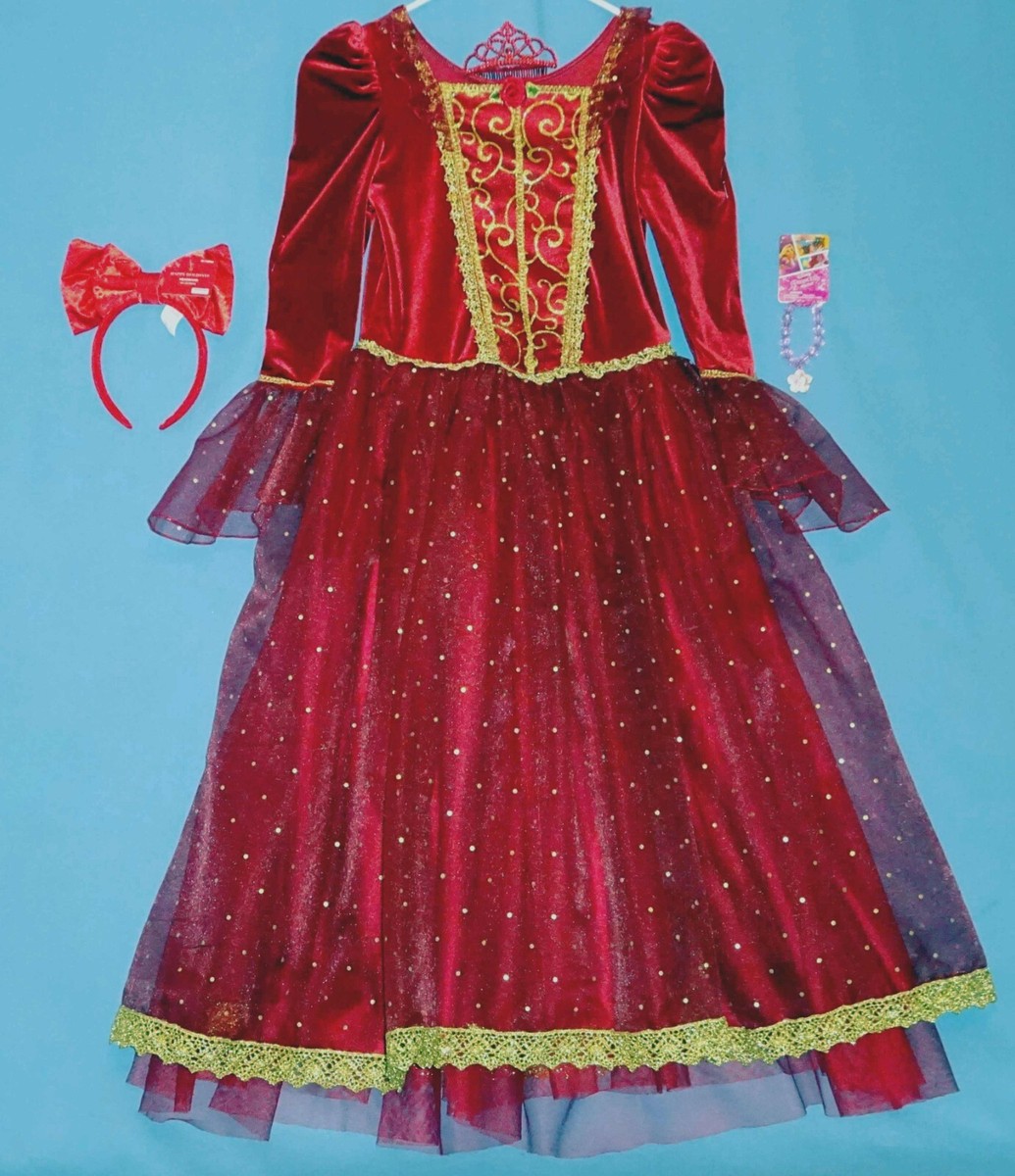 Disney Store Belle Red Ballroom Costume dress girls  7-8-Hairbow-Tiara-Bracelet