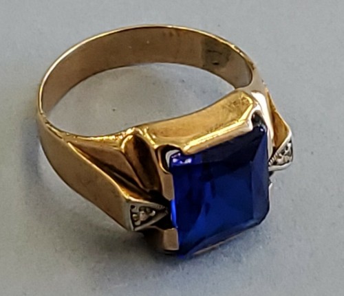 Vintage Men's Sapphire Glass Stone w diamonds 10k Gold Ring Size 10 - Picture 9 of 10