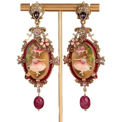Vintage Oil Painting Ballet Girl Drop Earrings Floral Bee Gold