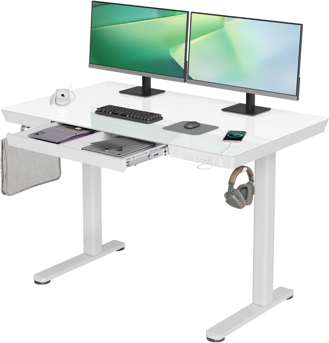 YDN Glass Standing Desk with Drawers, 48 X 24 Inch Electric Stand up Desk with U