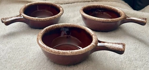 3 Vintage Hull USA Pottery Brown Drip Glaze Soup/Chili Handled Bowls 5.5” Wide