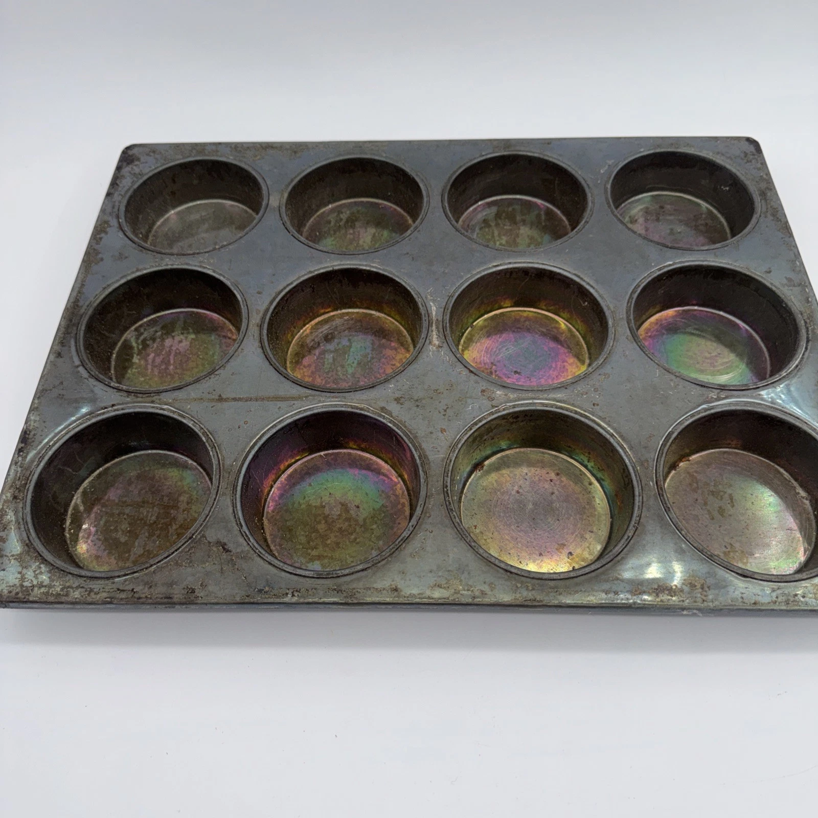 Vintage Heavy Duty Aluminum 12 Cup Muffin Pan Commercial Bakery Original Patina