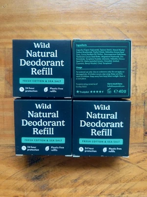 4x Wild Natural 24h Deodorant Refills. Fresh Cotton & Sea Salt. Plastic Free.NEW