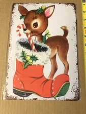 VINTAGE RETRO REINDEER & SANTA BOOT TIN SIGN 12" X 8"
