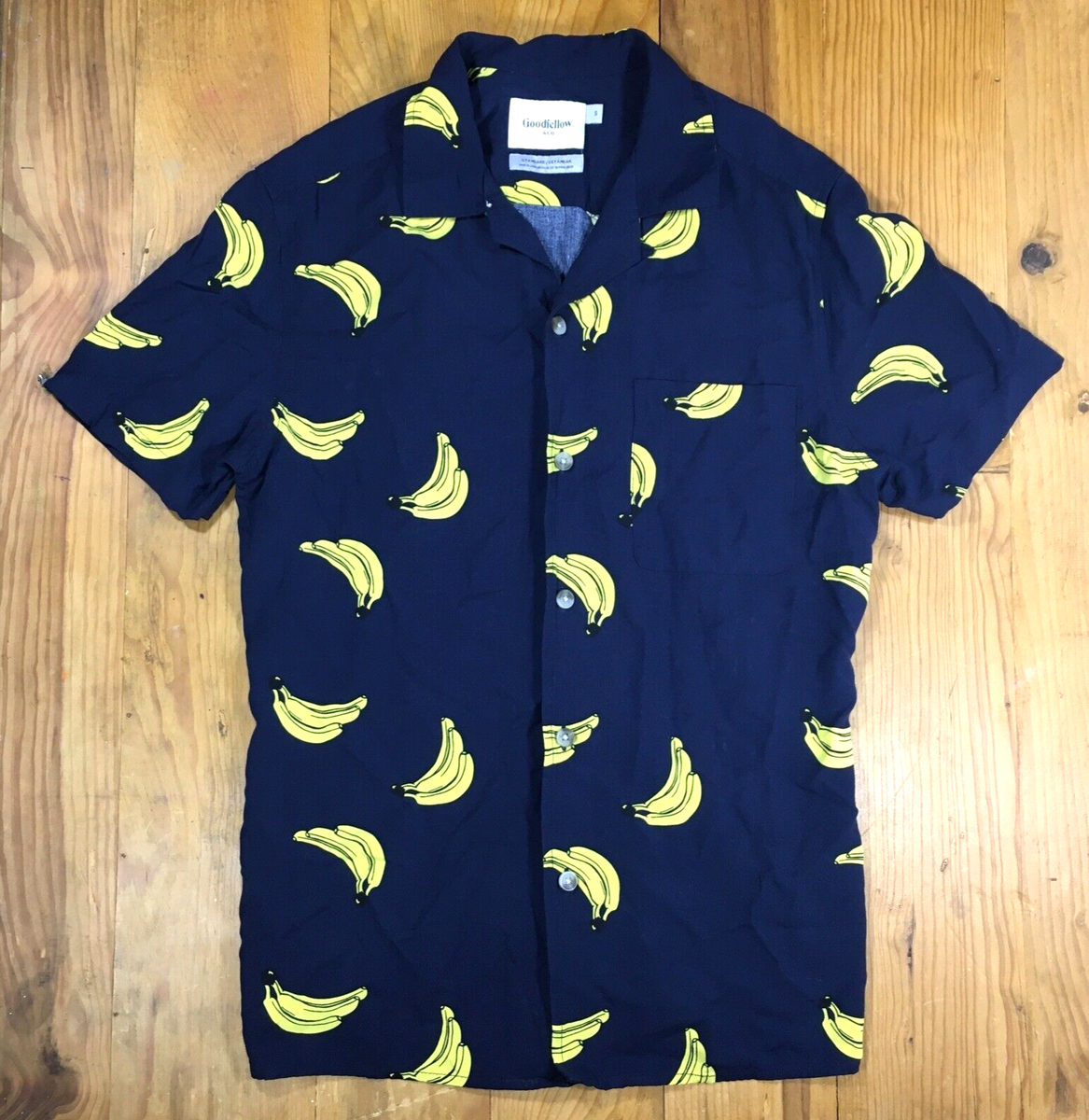 Goodfellow Shirt Mens S Yellow Banana Print Black Button Up Short