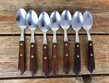 Lot of 7 Washington Forge TOWN & COUNTRY Wood Handle TeaSpoons Stainless USA
